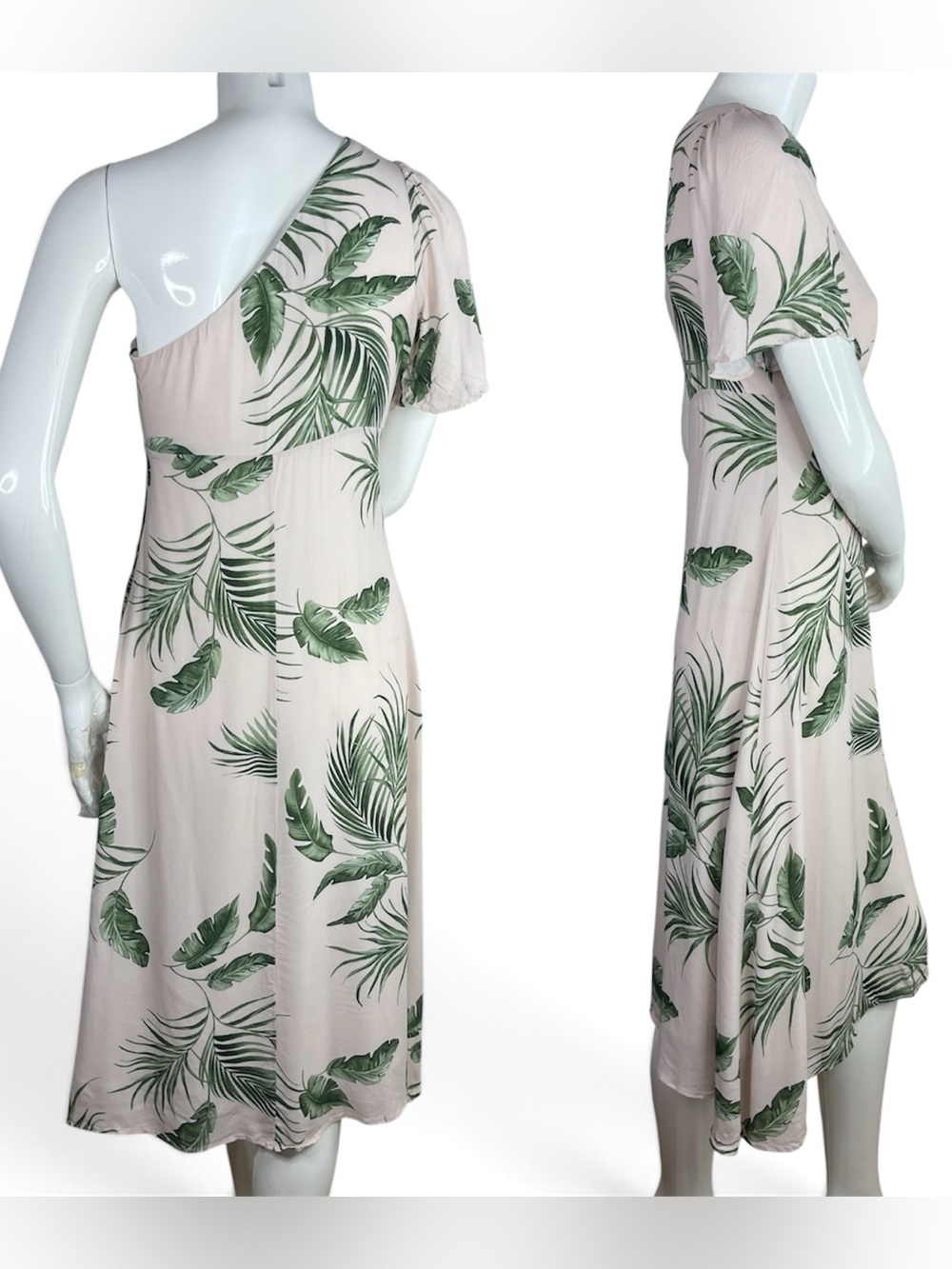 KAOS One Shoulder Tropical Palm Print Midi Dres Beige Botanical Resort Wedding S - Picture 6 of 9